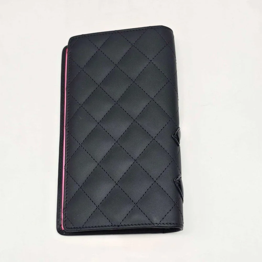 CHANEL Cambon Black Pink Lambskin Long Wallet 385-043025